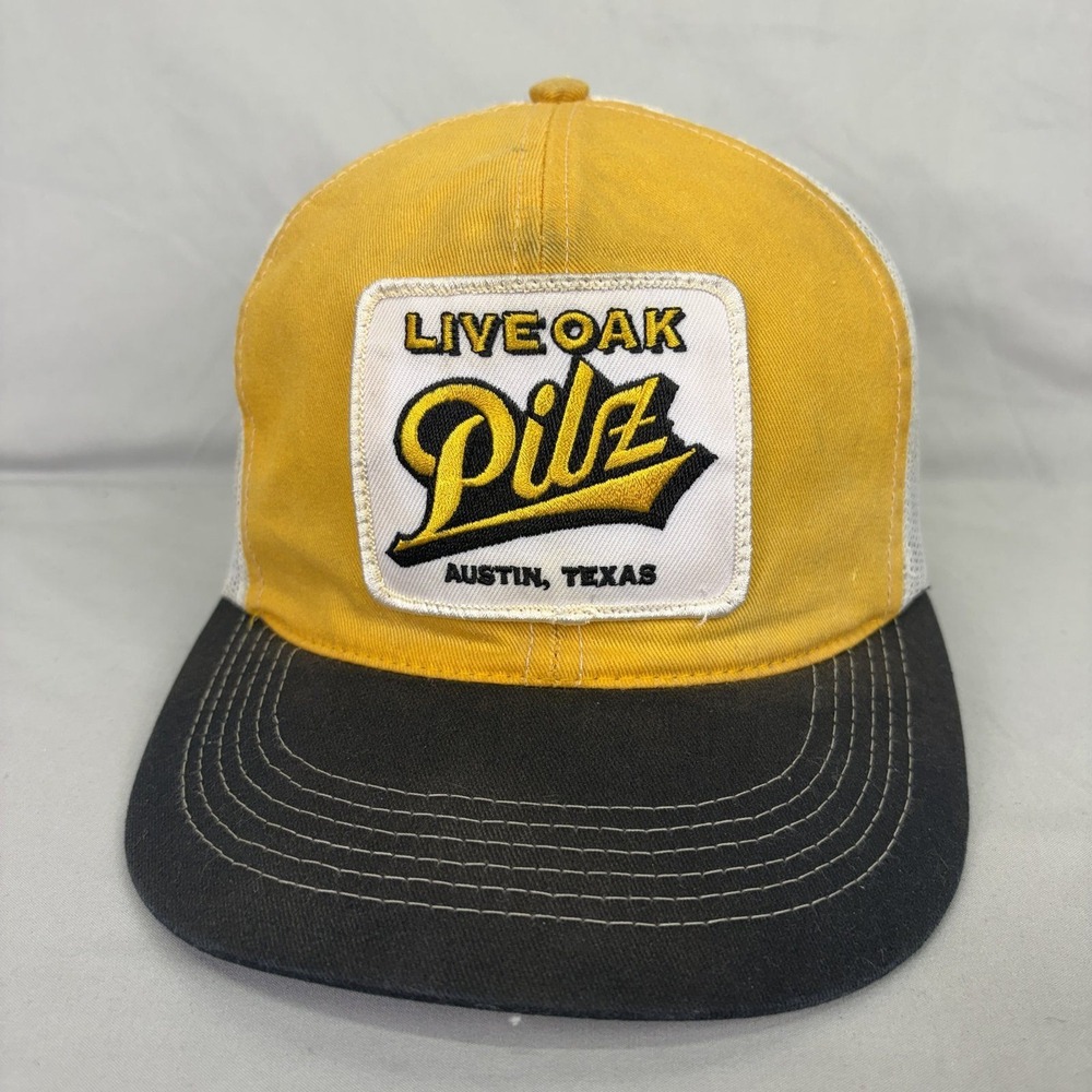 K-Products Trucker Hat Live Oak Pilz Austin Texas Mens OSFM Yellow Mesh Snapback